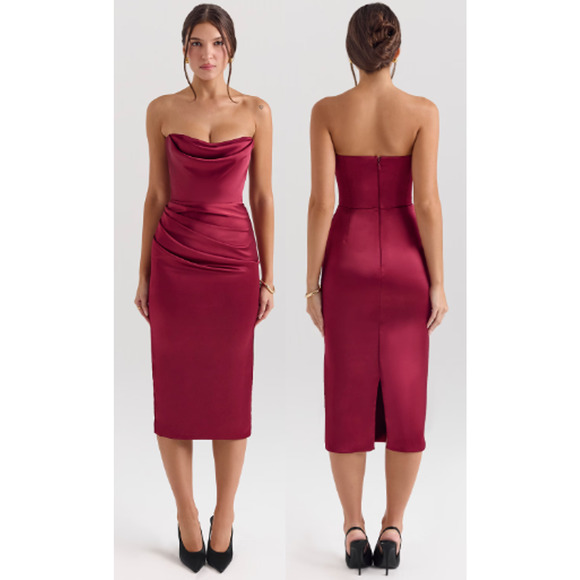 House of CB Santana Satin Strapless Bodycon Midi Dress Berry Women's Size XS - Picture 1 of 7